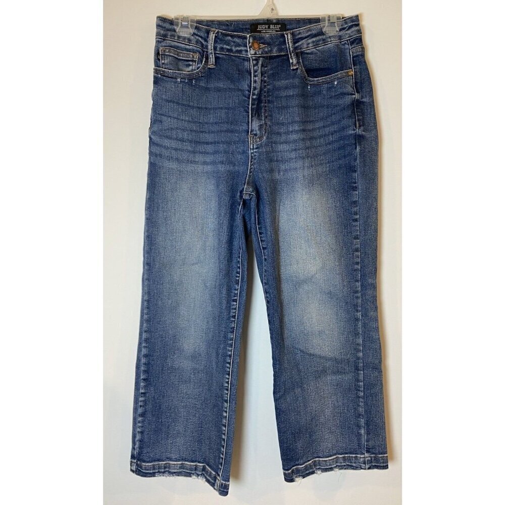 Judy Blue Wide Leg Crop Stretch Jeans Distressed Hem Size 7 28